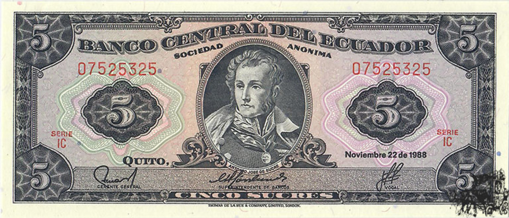 5 Sucres 1988 - Ecuador - bankfrisch