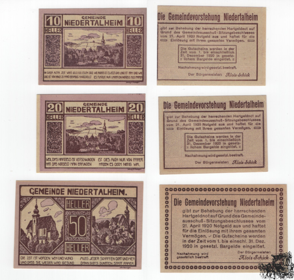 Niedertalheim, OÖ - Notgeld 1920  Niedertalheim, OÖ - Notgeld 1920