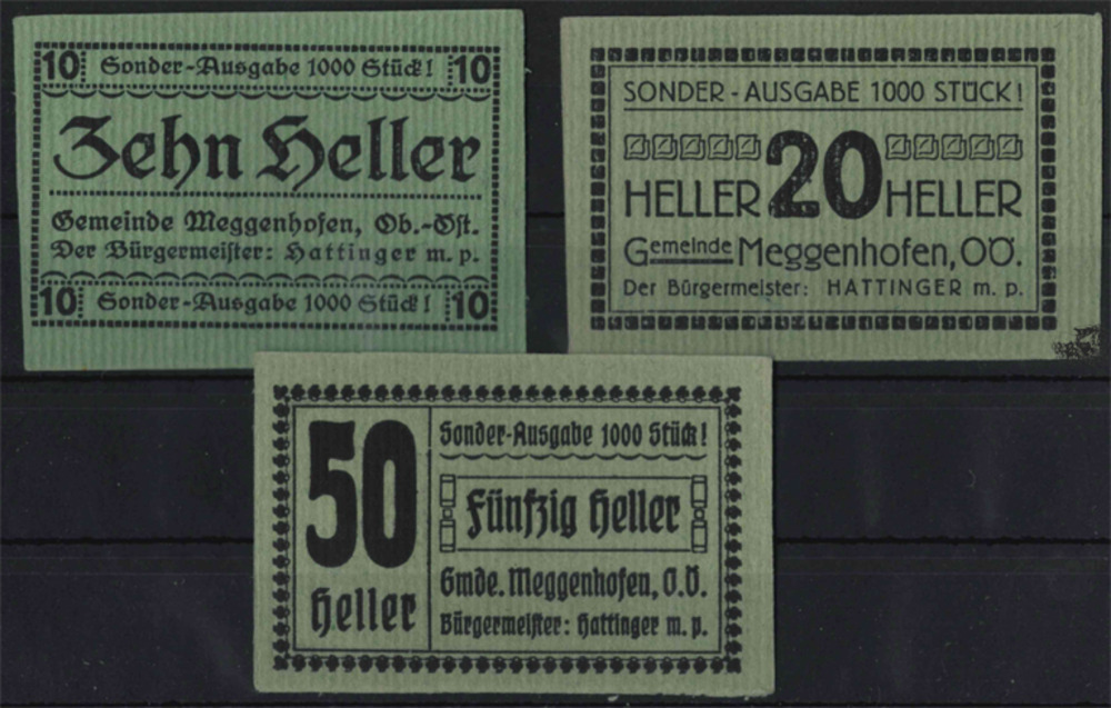 10, 20 und 50 Heller - Meggenhofen, grün