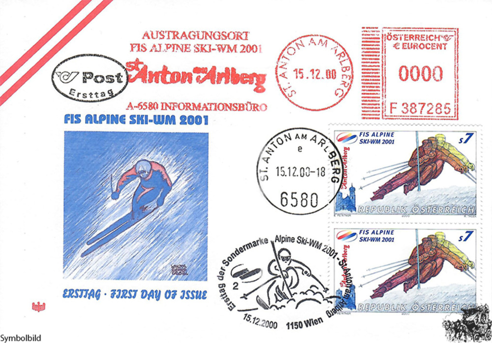 Österreich FDC  2000 - 7 S Alpine Ski-WM 2001 - E.-K. AbsFreistp., SStp. 1150 Wien, OT.Stp. 6580 St. Anton