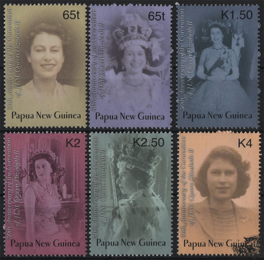 Papua-Neuguinea - Nr. 976-81 ** 50. Jahrestag der Krönung von Königin Elisabeth II. Papua-Neuguinea - Nr. 976-81 ** 50. Jahrestag der Krönung von Königin Elisabeth II.