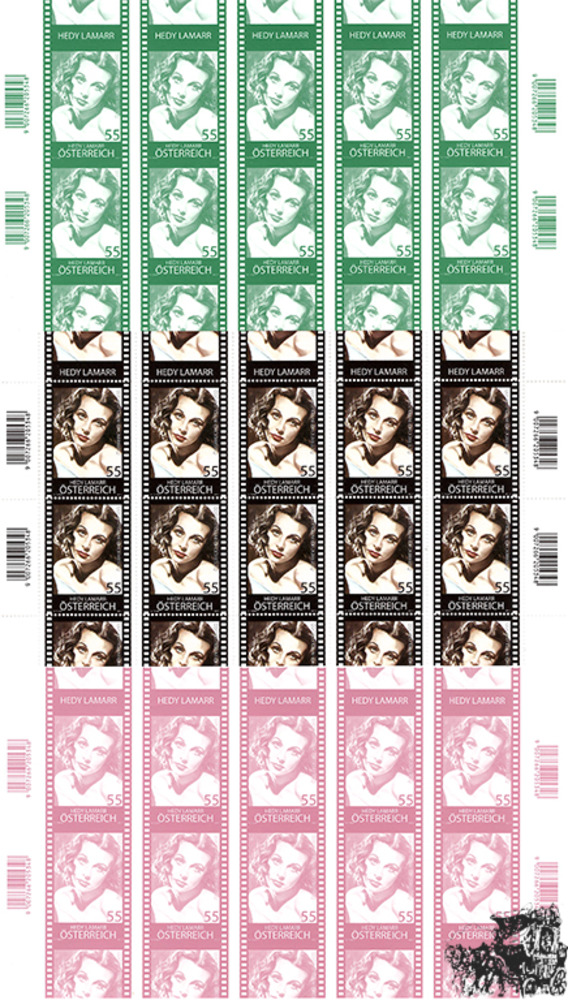 Hedy Lamarr, Kleinbogen.Edition ** mit Klbg und Farbdrucken in grün und rosa