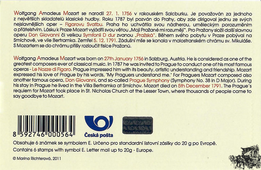 Tschechien ** 2011 - Wolfgang Amadeus Mozart, Heftchen Tschechien ** 2011 - Wolfgang Amadeus Mozart, Heftchen