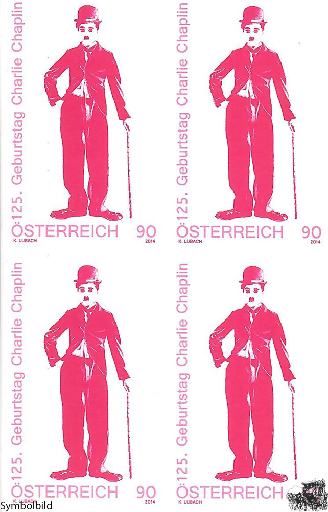 Österreich 2014 ** - 0,90 € “125. Geburtstag Charlie Chaplin“ - Buntdruck-Viererblock