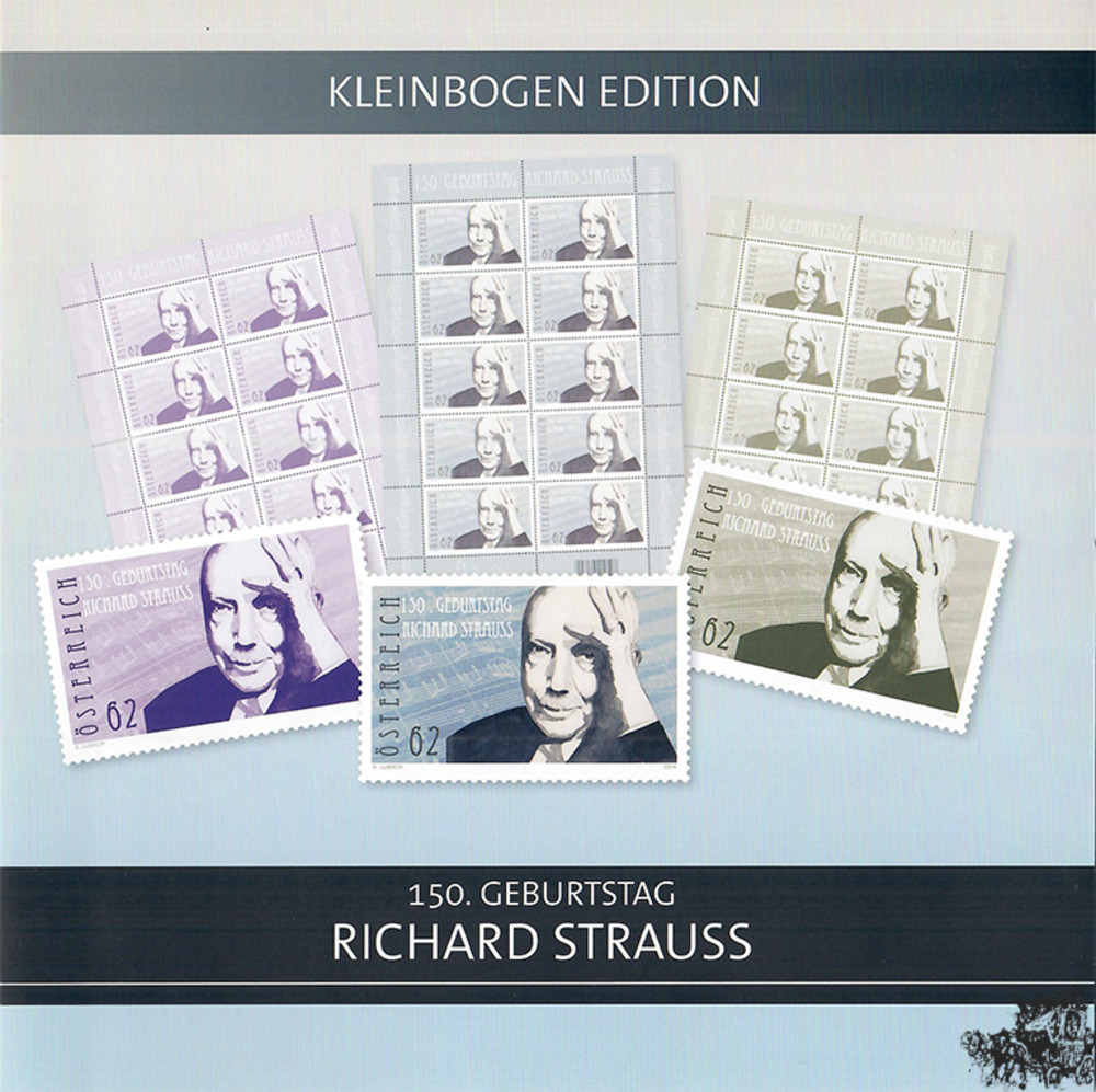 150. Geburtstag Richard Strauß, Kleinbogen.Edition mit Klbg und Farbdrucken in violett und grün