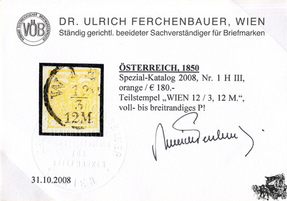 1 Kreuzer Handpapier - Nr.1 HIII - kadmiumgelb - mit Attest: Dr. Ferchenbauer