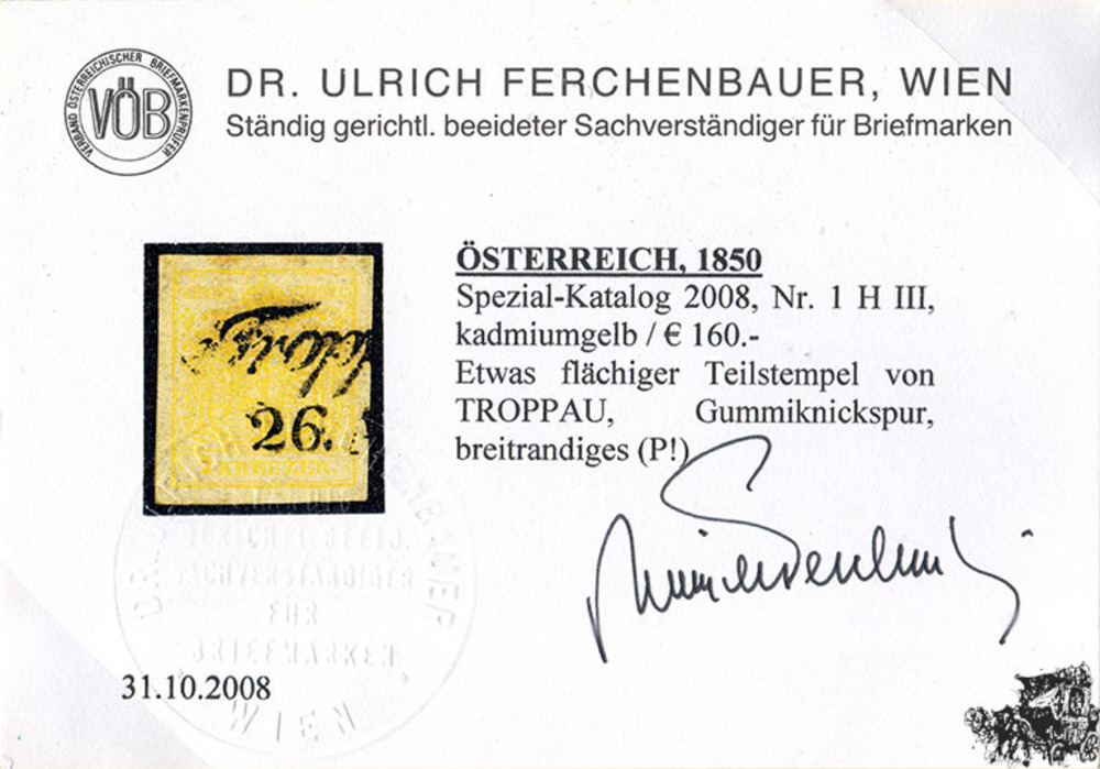 1 Kreuzer Handpapier - Nr.1 HIII - kadmiumgelb - mit Attest: Dr. Ferchenbauer