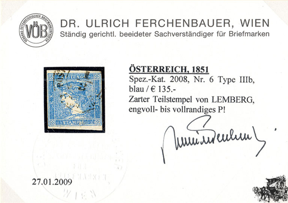 Österreich 1851 o - 0,6 Kreuzer - Blauer Merkur - mit Attest: Dr. Ferchenbauer