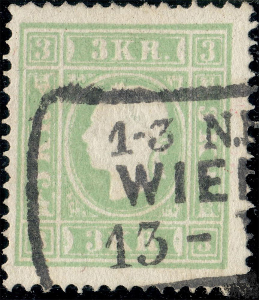 Österreich 1858 o - 3 Kreuzer - Freimarke, Kaiserkopf nach links, bläulichgrün Österreich 1858 o - 3 Kreuzer - Freimarke, Kaiserkopf nach links, bläulichgrün