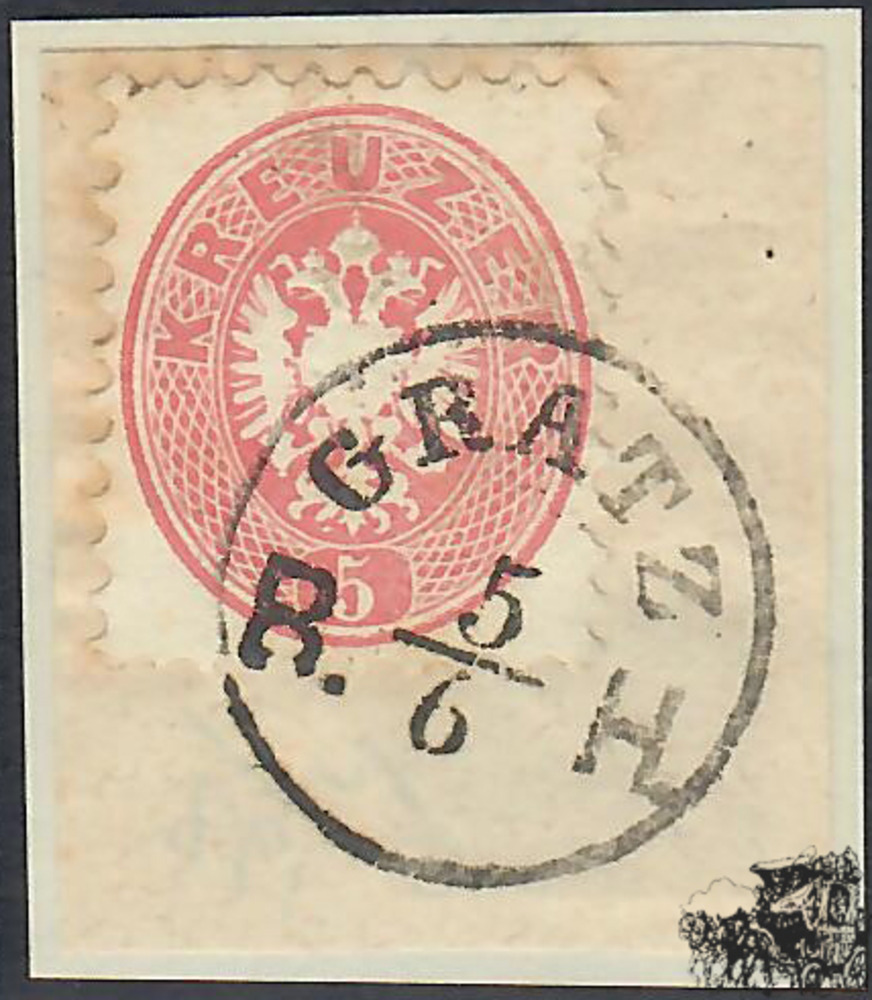 Österreich 1864 o, Brfstk. - 5 Kreuzer - Doppeladler im Oval - rosa - Stempel “GRATZ B.H./ 5/ 6“ - 2P.