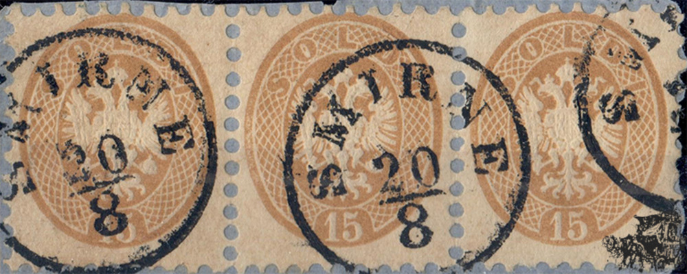 3 x 15 Soldi 1864 o, waagrechter Dreierstreifen - Lombardei Venetien, “SMIRNE 20/8“