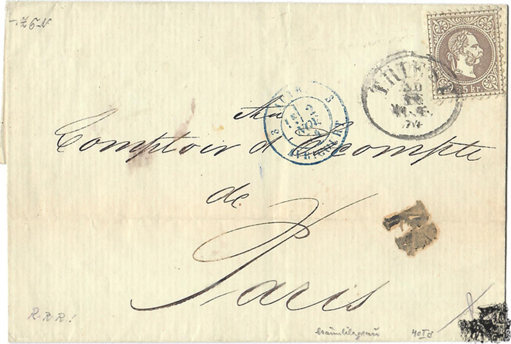 Österreich Brief 1874, 25 Kreuzer 1867 I, von Triest nach Paris Österreich Brief 1874, 25 Kreuzer 1867 I, von Triest nach Paris