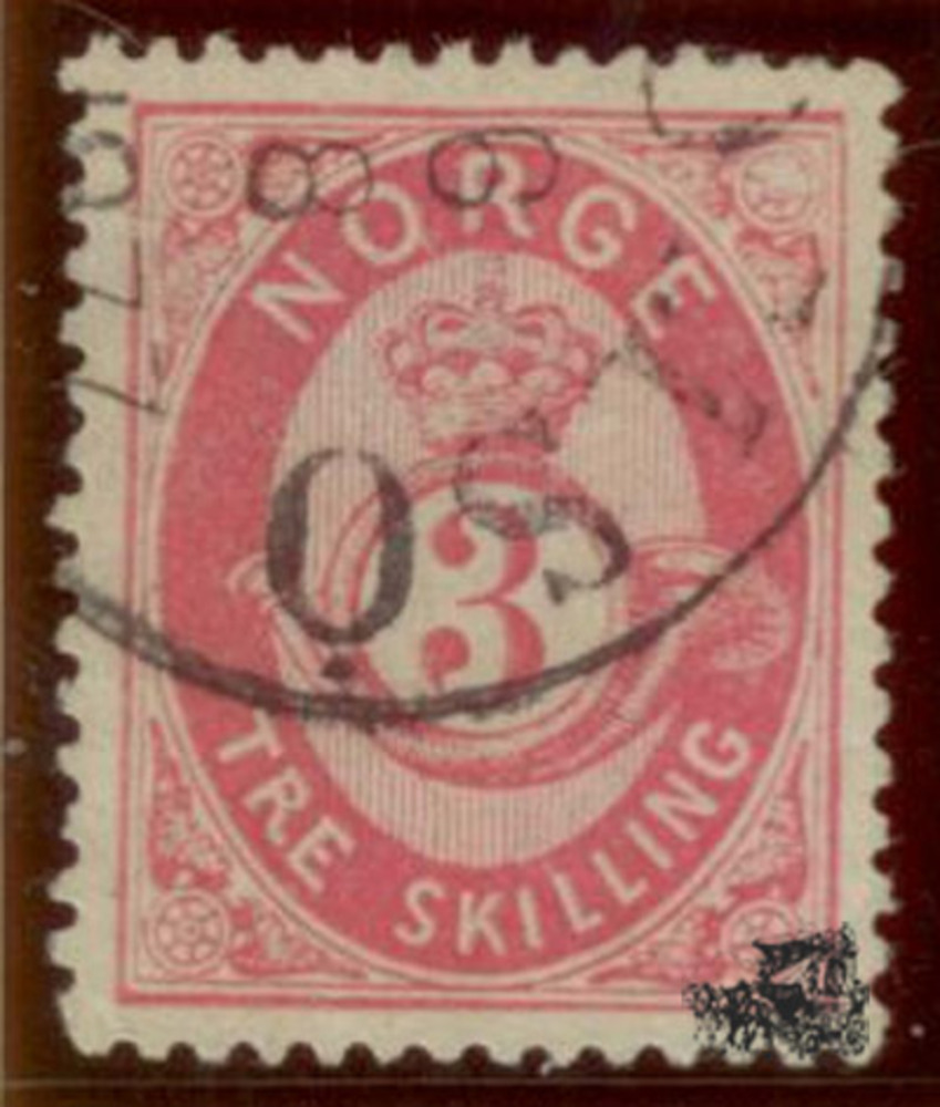 Norwegen o 1875 - Schrafiertes Posthorn auf senkrechte schattiertem Grund, 3 Skilling Norwegen o 1875 - Schrafiertes Posthorn auf senkrechte schattiertem Grund, 3 Skilling