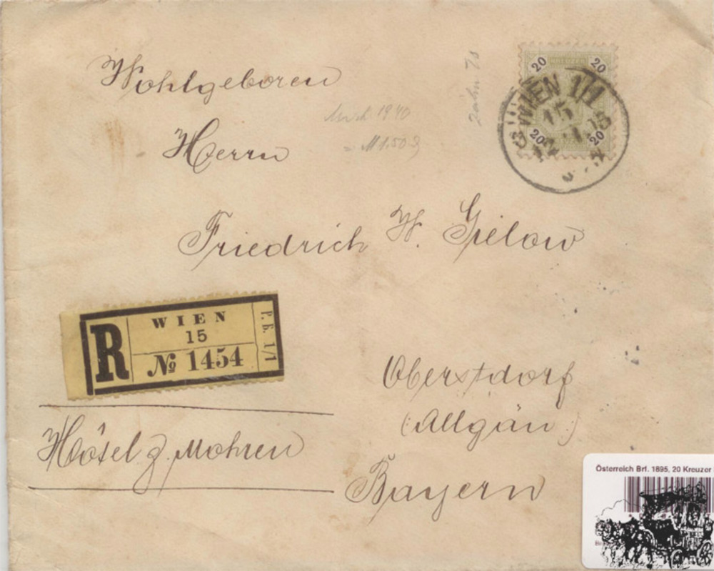 Österreich Brf. 1895, 20 Kreuzer Freimarken Kaiserkopf im Achteck R-Brief, Siegel