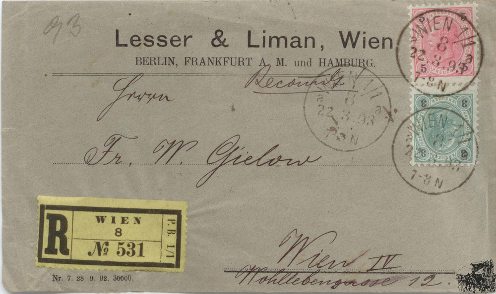 Österreich R-Brief 1893, 3 und 5 Kreuzer Kaiserkopf MiF Österreich R-Brief 1893, 3 und 5 Kreuzer Kaiserkopf MiF