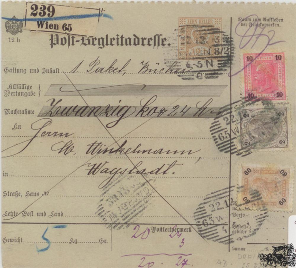 Österreich Brf. 1901, 2/10/60 Heller Freimarken Kaiserkopf mit Lackstreifen MiF Post-Begleitadresse (Paket) Österreich Brf. 1901, 2/10/60 Heller Freimarken Kaiserkopf mit Lackstreifen MiF Post-Begleitadresse (Paket)