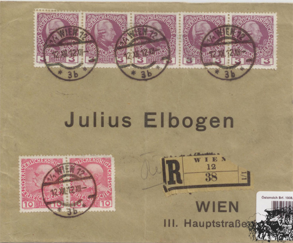 Österreich Brf. 1908, 3/10 Heller Freimarken Jubiläumsausgabe 1908 MiF auf Eilbrief Österreich Brf. 1908, 3/10 Heller Freimarken Jubiläumsausgabe 1908 MiF auf Eilbrief