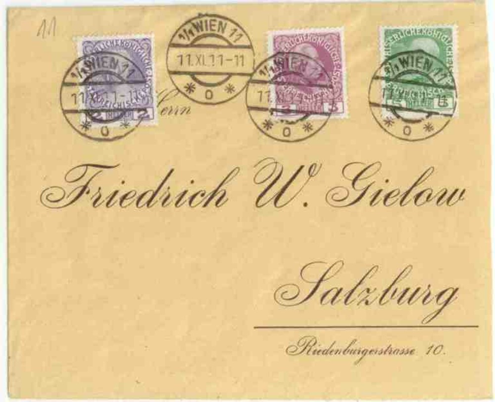 Österreich Brf. 1911, 2+3+5 Heller Freimarken Jubiläumsausgabe 1908 MiF mit Datum 11.11.11 Österreich Brf. 1911, 2+3+5 Heller Freimarken Jubiläumsausgabe 1908 MiF mit Datum 11.11.11