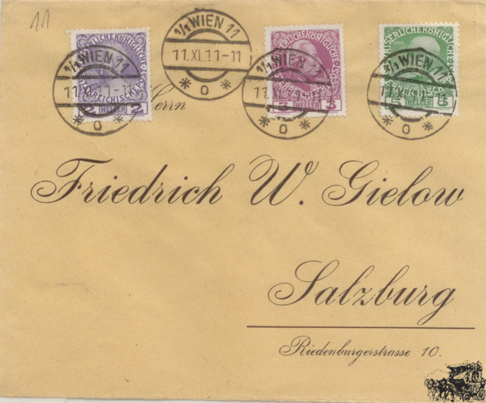Österreich Brf. 1911, 2+3+5 Heller Freimarken Jubiläumsausgabe 1908 MiF mit Datum 11.11.11