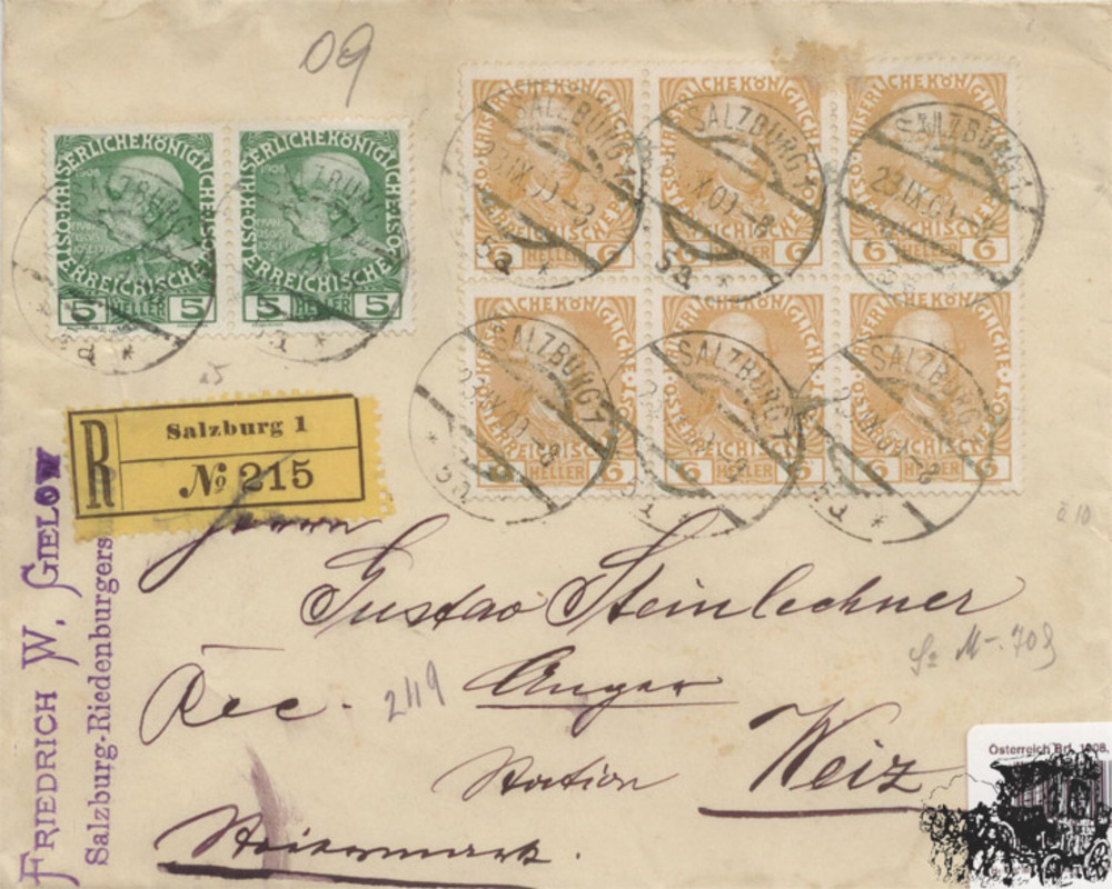 Österreich Brf. 1908, 5 Heller/ 6 Heller Freimarken Jubiläumsausgabe 1908 MiF auf Einschreibe-Brief Österreich Brf. 1908, 5 Heller/ 6 Heller Freimarken Jubiläumsausgabe 1908 MiF auf Einschreibe-Brief