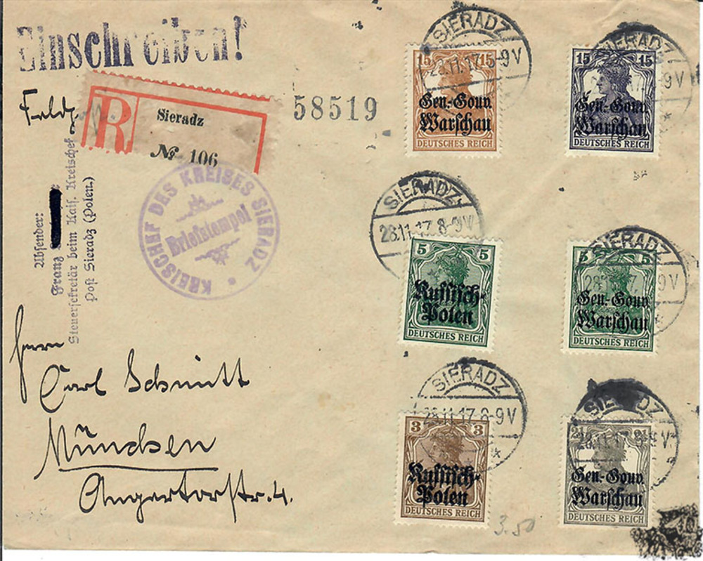 R-Brief 1917, Nr. 1, 2 mit Aufdruck “Russisch Polen“ und Nr. 6, 8, 11 und 12 mit Aufdruck “Generalgouvernement Warschau“
