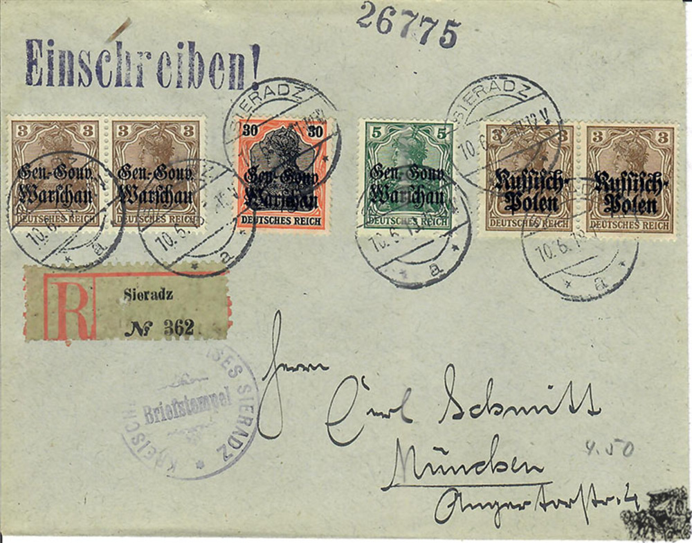 R-Brief 1918, Nr. 1 mit Aufdruck “Russisch Polen“ und Nr. 7/8/14 mit Aufdruck “Generalgouvernement Warschau“
