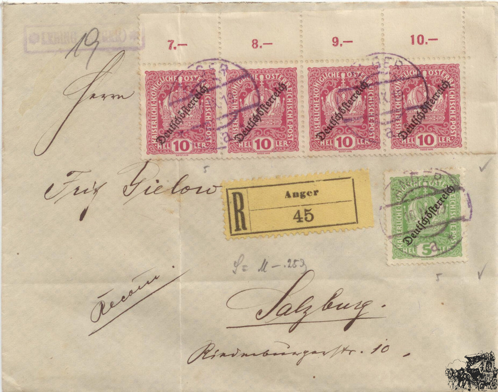 Deutsch-Österreich R-Brief 1919, 5 und 10 Heller Aufdruckmarken MiF