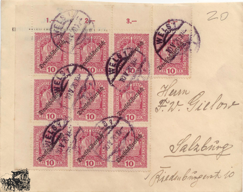 Deutsch-Österreich R-Brief 1920, 10 Heller MeF 9er Block Deutsch-Österreich R-Brief 1920, 10 Heller MeF 9er Block