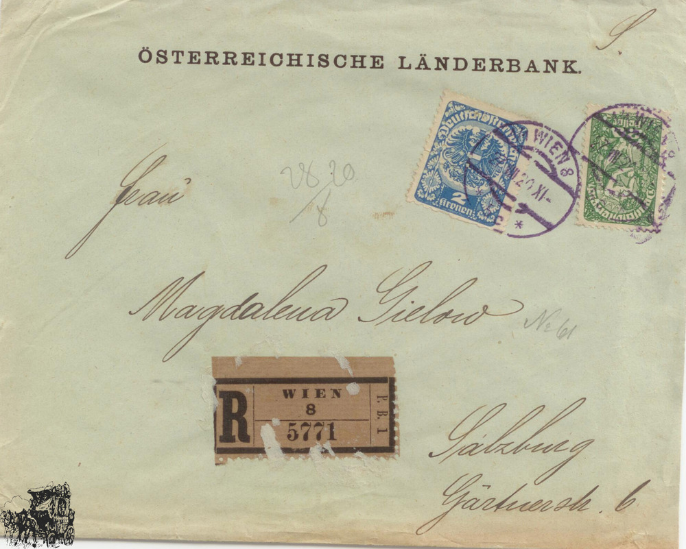Deutsch-Österreich R-Brief 1920, 30 Heller und 2 Kronen mit Perfin (Österreichische Länderbank