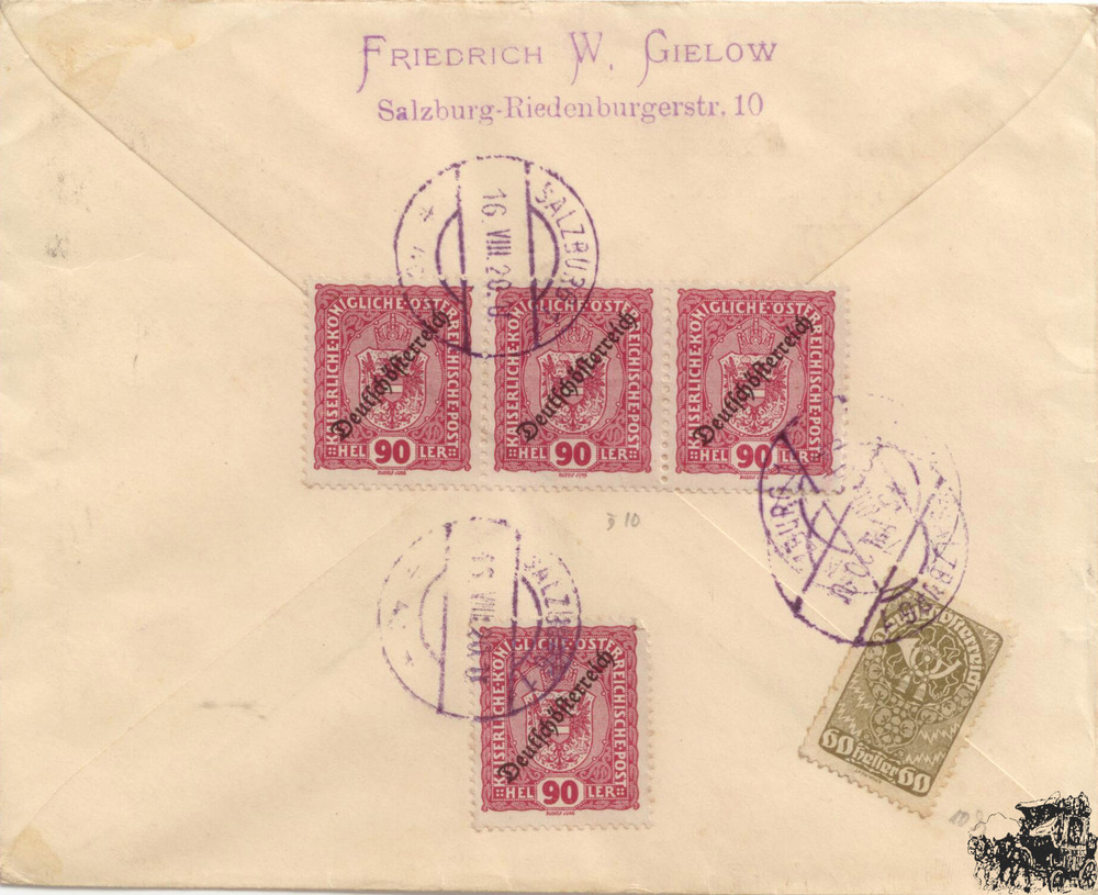 Deutsch-Österreich R-Brief 1920, 10 und 90 Heller Aufdruckmarken MiF mit 60 Heller Freimarke, Auslandsbrief