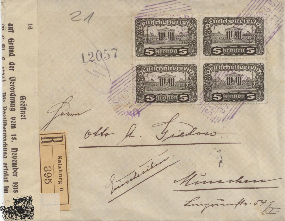 Deutsch-Österreich R-Brief 1921, 5 Kronen Parlament MeF, Zensur, Auslandsbrief