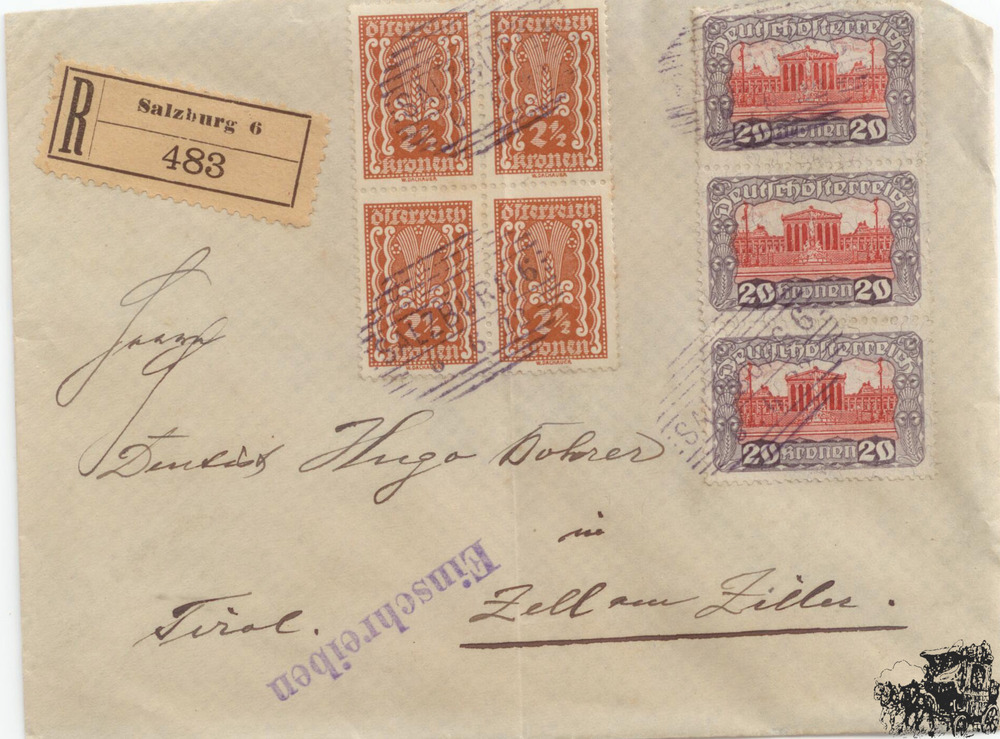 Österreich R-Brief 1923, 20 Kronen Deutsch-Österreich Parlament in MiF mit 2 1/2 Kronen 1.Republik Österreich R-Brief 1923, 20 Kronen Deutsch-Österreich Parlament in MiF mit 2 1/2 Kronen 1.Republik
