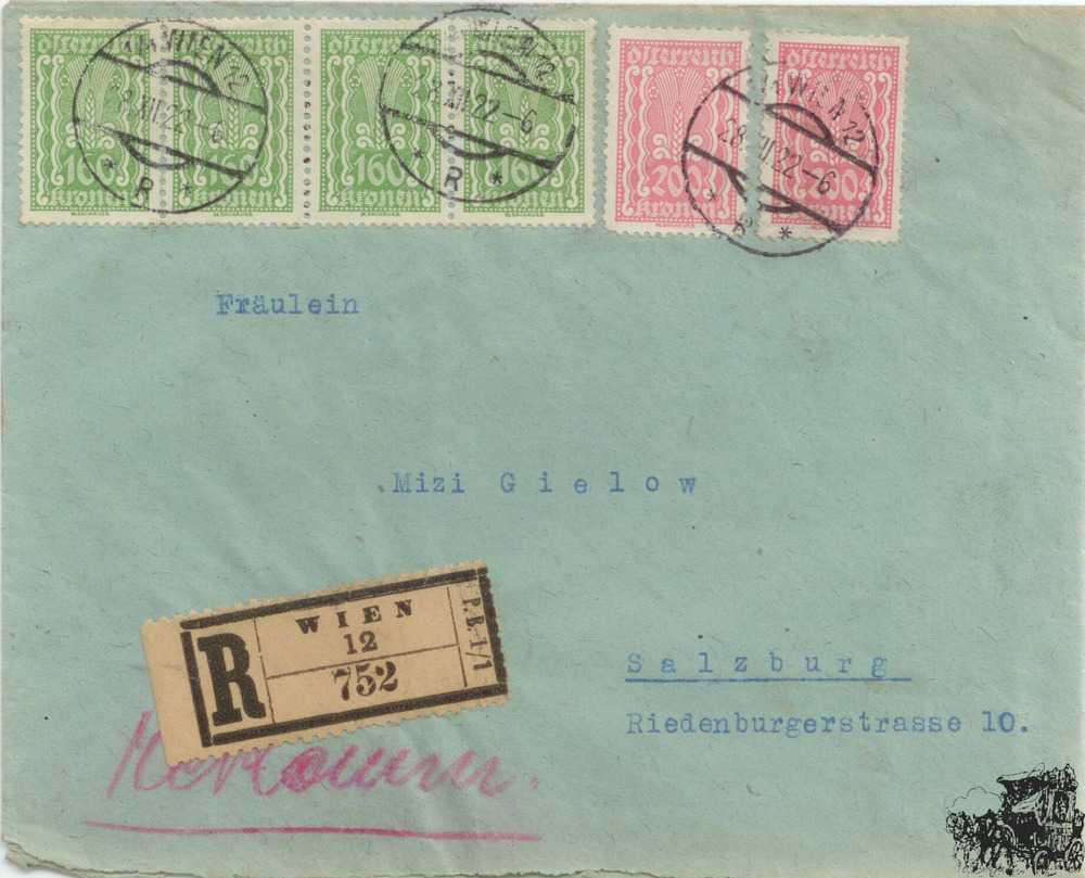 Österreich R-Brief 1922, 160 und 200 Kronen Freimarken Freimarken MiF