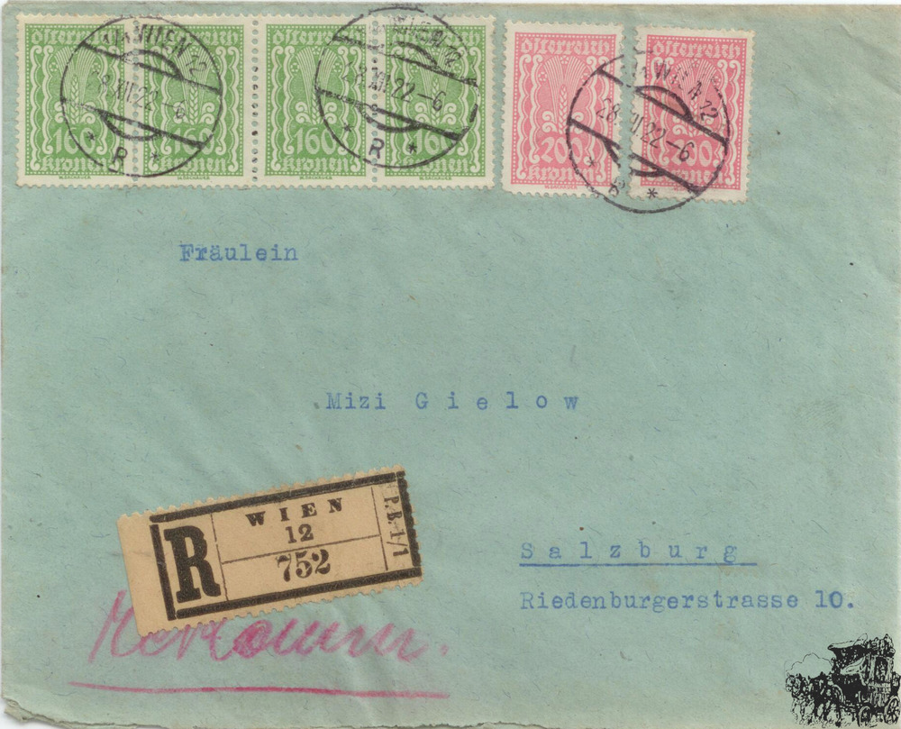 Österreich R-Brief 1922, 160 und 200 Kronen Freimarken Freimarken MiF Österreich R-Brief 1922, 160 und 200 Kronen Freimarken Freimarken MiF