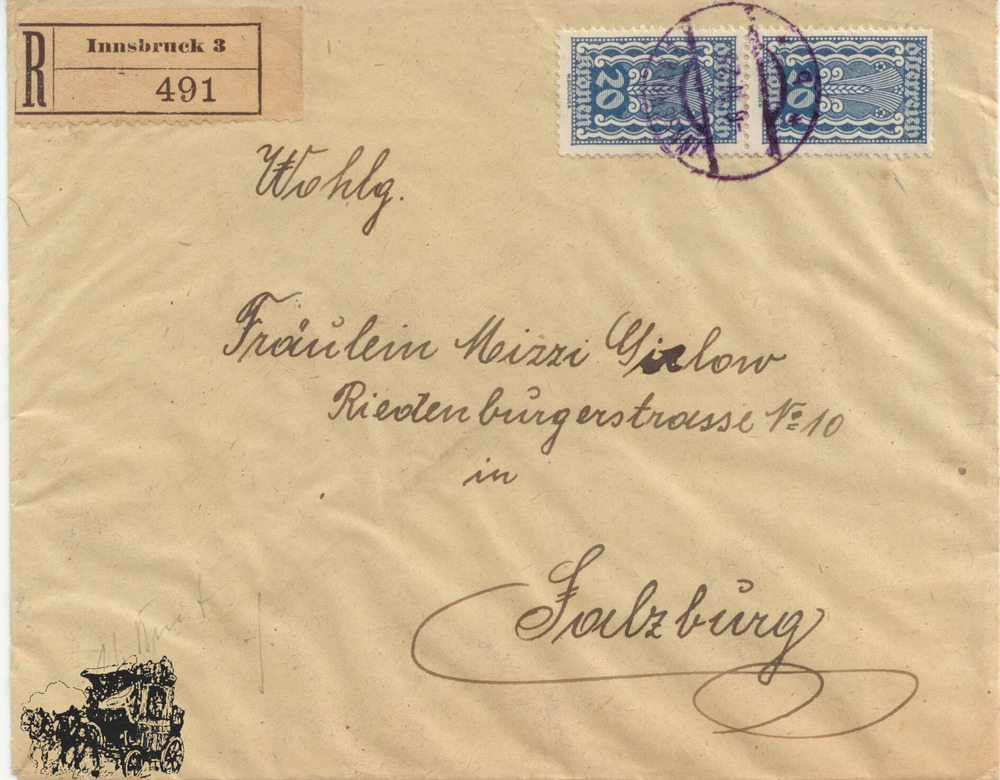 Österreich  R-Brief 1923, 20 Kronen und 50 Kronen Massenfrankatur