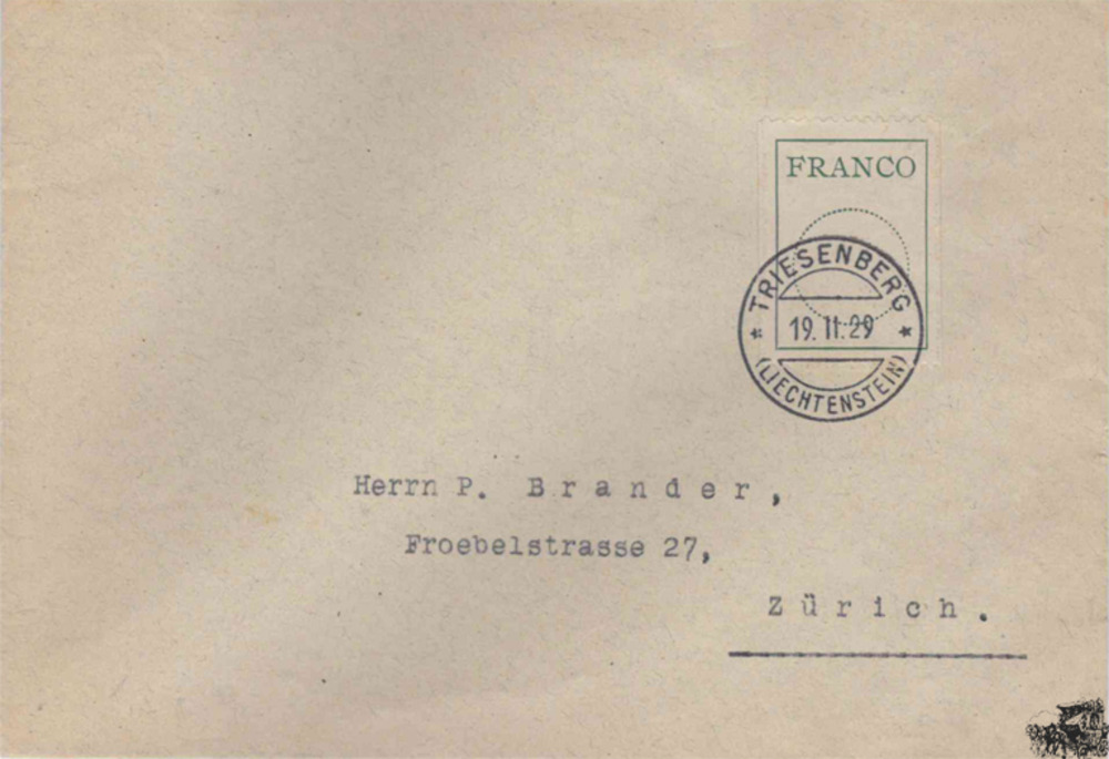 Liechtenstein 1925, Franco-Zettel Nr. 2 auf Brief Liechtenstein 1925, Franco-Zettel Nr. 2 auf Brief