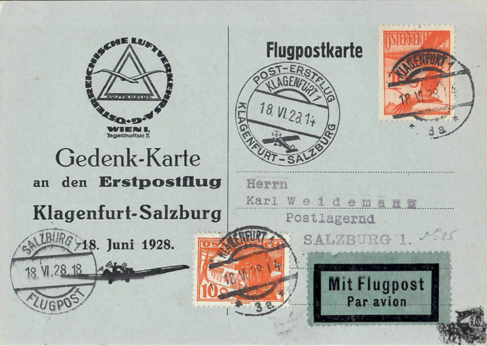 Österreich 1. Republik 10 Groschen Flugpost Erster Postflug Klagenfurt-Salzburg 1928