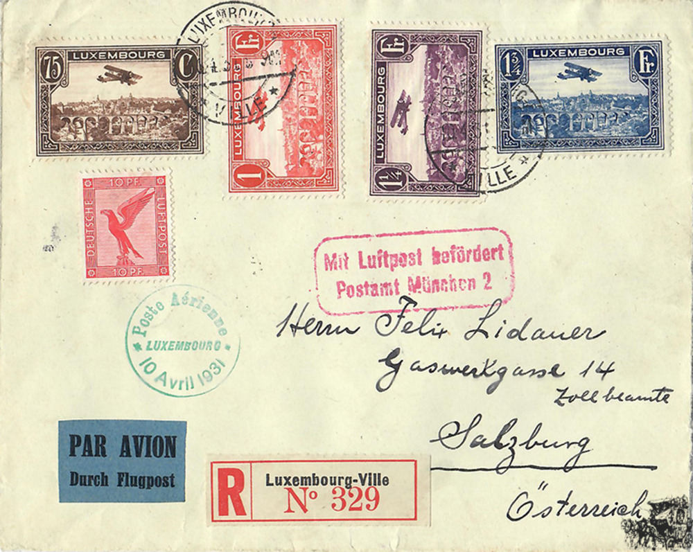 Luxembourg Flugpost/Luftpost-Brief Einschreiben R-Brief Ersttag FDC 1931 Luxembourg Flugpost/Luftpost-Brief Einschreiben R-Brief Ersttag FDC 1931