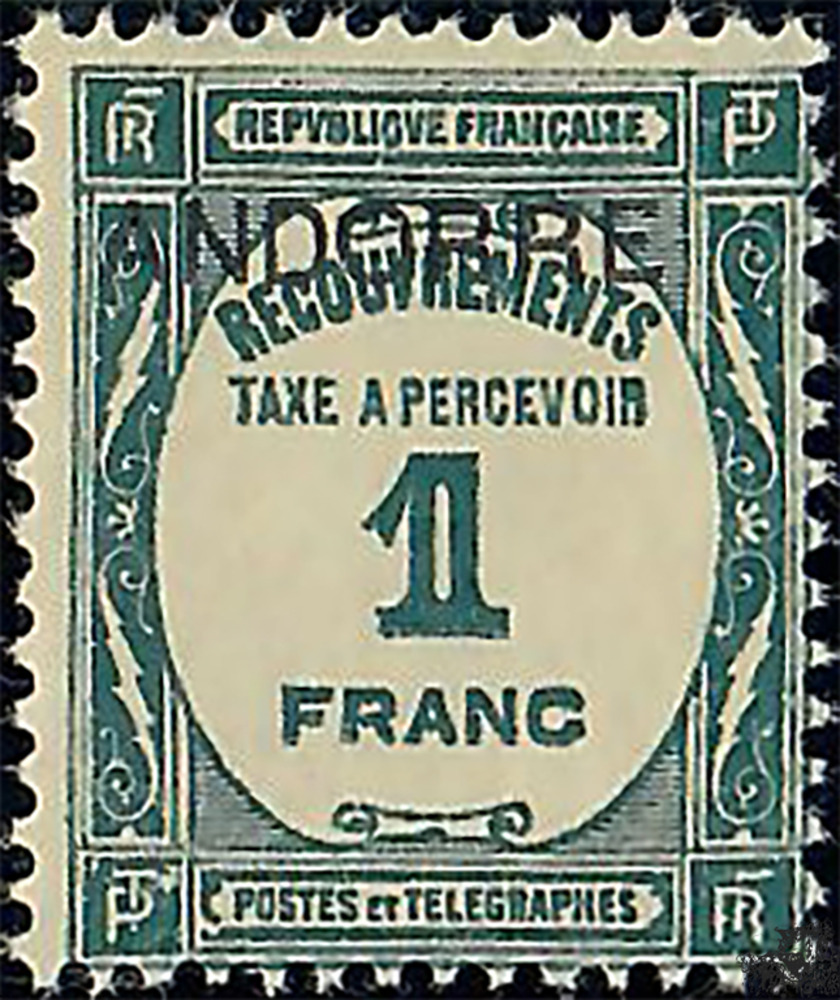 Andorra (französisch) * 1932 -  Postauftrags-Portomarke mit Aufdruck ANDORRE - 1 Franc