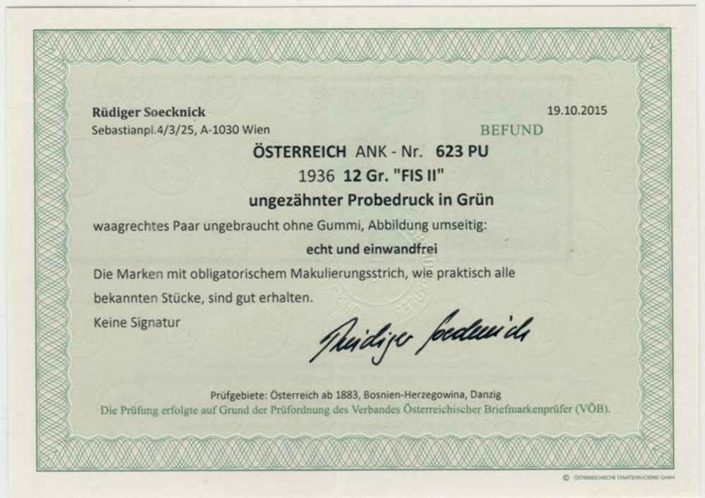 Österreich (*) 1936, 12 Groschen FIS II Innsbruck, Ungezähnter Probedruck, KURZBEFUND Österreich (*) 1936, 12 Groschen FIS II Innsbruck, Ungezähnter Probedruck, KURZBEFUND
