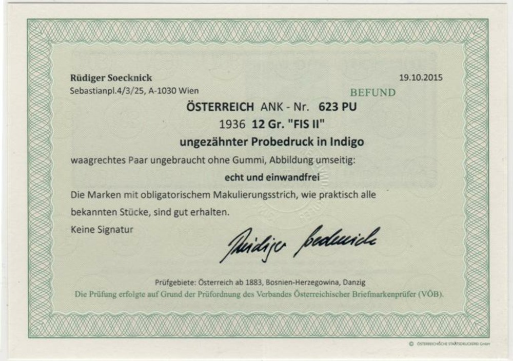 Österreich (*) 1936, 12 Groschen FIS II Innsbruck, Ungezähnter Probedruck, KURZBEFUND