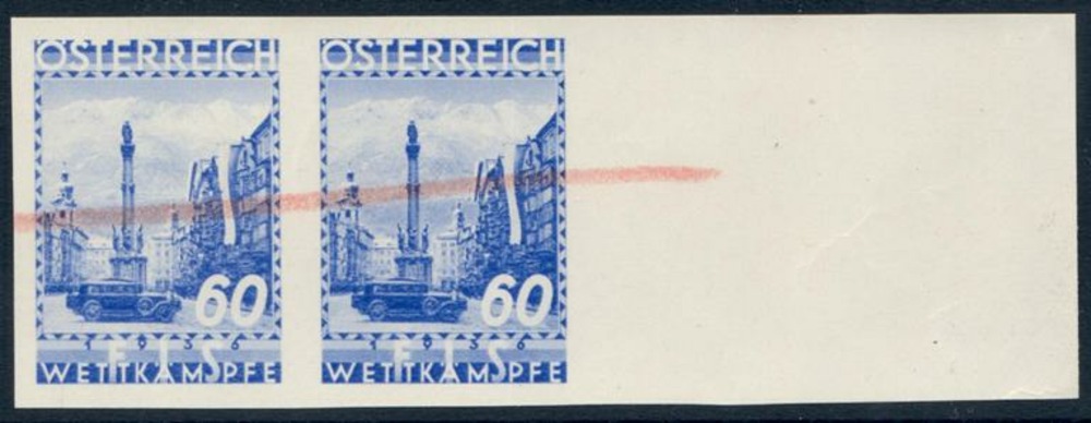 Österreich (*) 1936, F.I.S. Innsbruck 60 Groschen, ungezähnter Probedruck, geprüft Österreich (*) 1936, F.I.S. Innsbruck 60 Groschen, ungezähnter Probedruck, geprüft