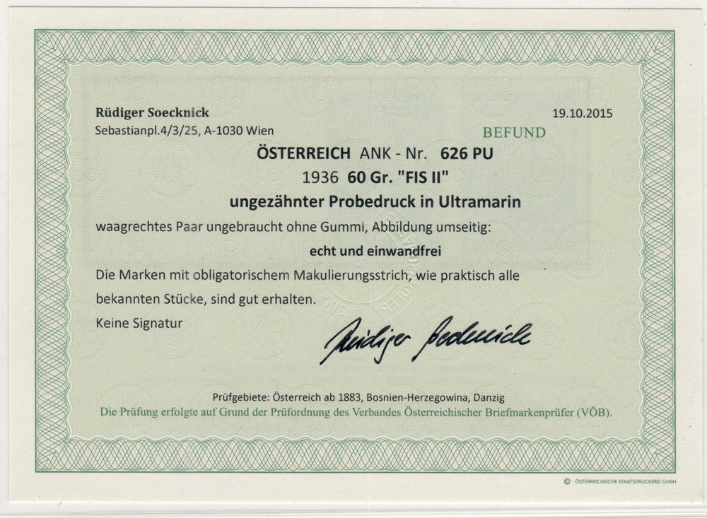 Österreich (*) 1936, F.I.S. Innsbruck 60 Groschen, ungezähnter Probedruck, geprüft Österreich (*) 1936, F.I.S. Innsbruck 60 Groschen, ungezähnter Probedruck, geprüft