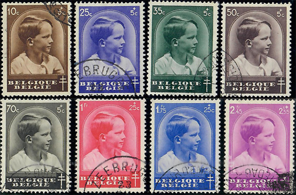 Belgien o 1936 - Kampf gegen die Tuberkulose, Kronprinz Baudouin - 10+5 Centimes bis 2.45+2.55 Franc