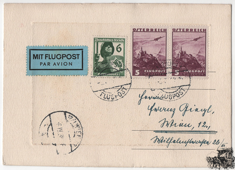 Österreich 3. Reich Ostmark - Nr. 598, 644 Mischfrankatur auf Luftpost-Karte 1938 Österreich 3. Reich Ostmark - Nr. 598, 644 Mischfrankatur auf Luftpost-Karte 1938