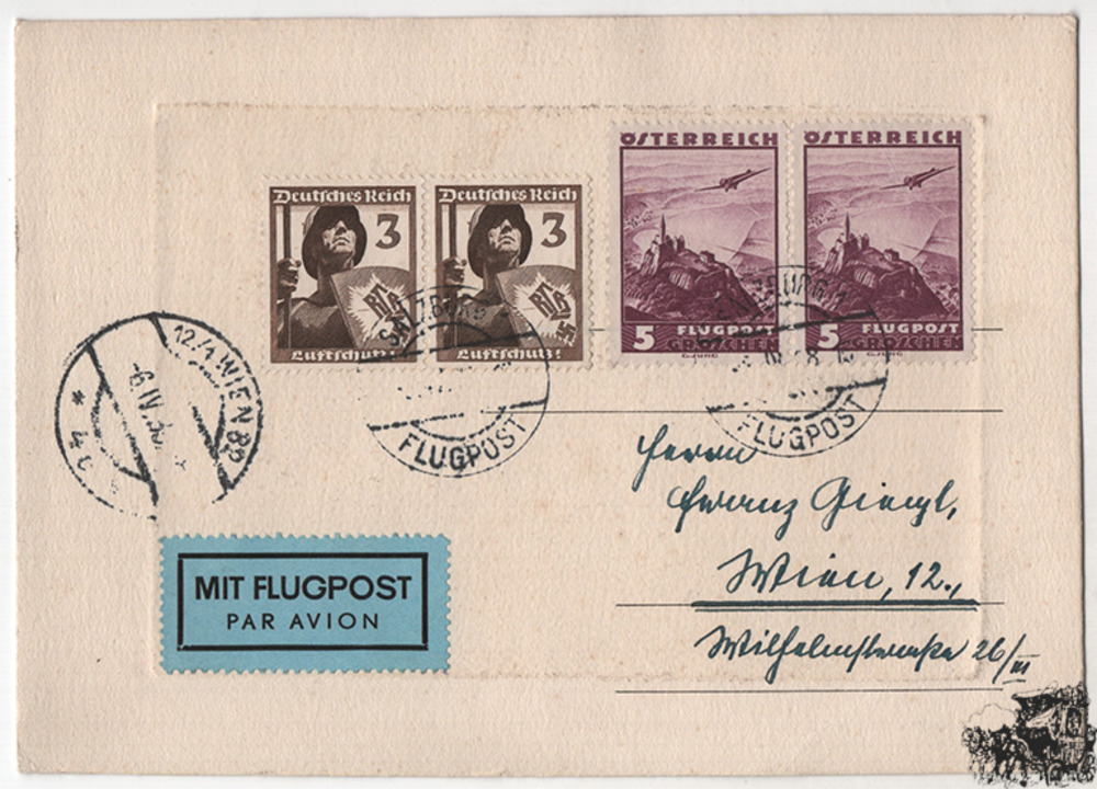 Österreich 3. Reich Ostmark - Nr. 598, 644 Mischfrankatur auf Luftpost-Karte 1938