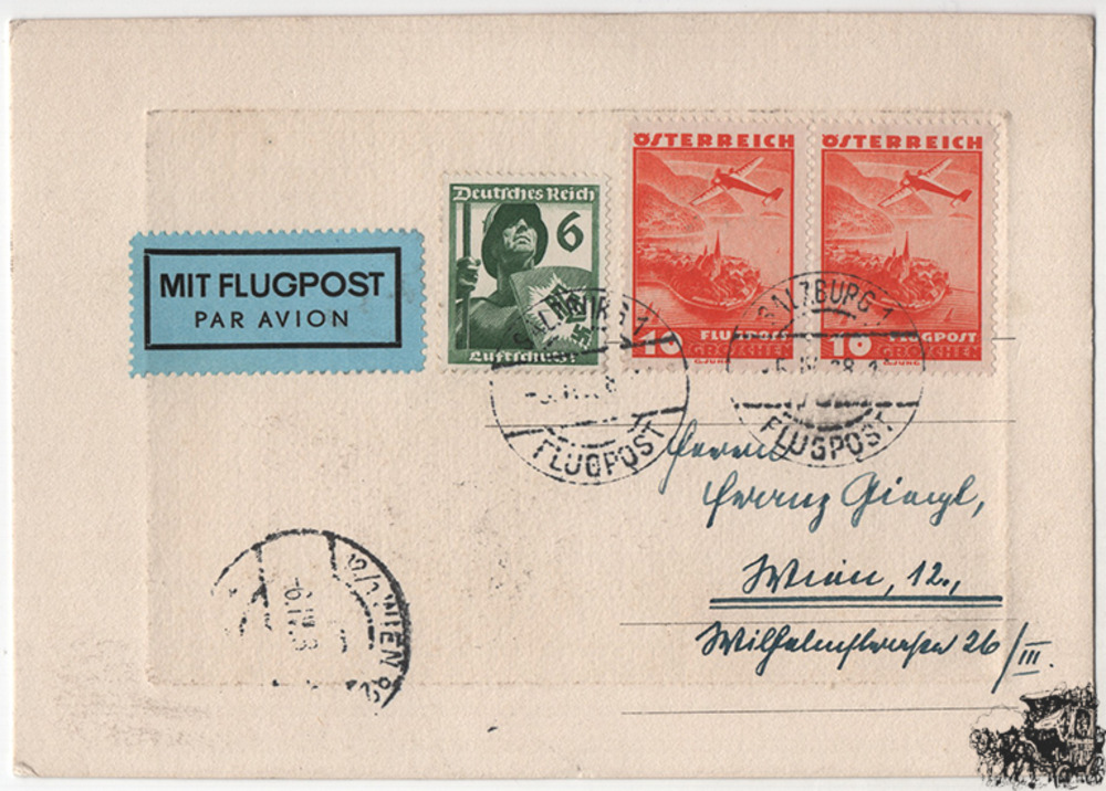 Österreich 3. Reich Ostmark - Nr. 599, 644 Mischfrankatur auf Luftpost-Karte 1938 Österreich 3. Reich Ostmark - Nr. 599, 644 Mischfrankatur auf Luftpost-Karte 1938