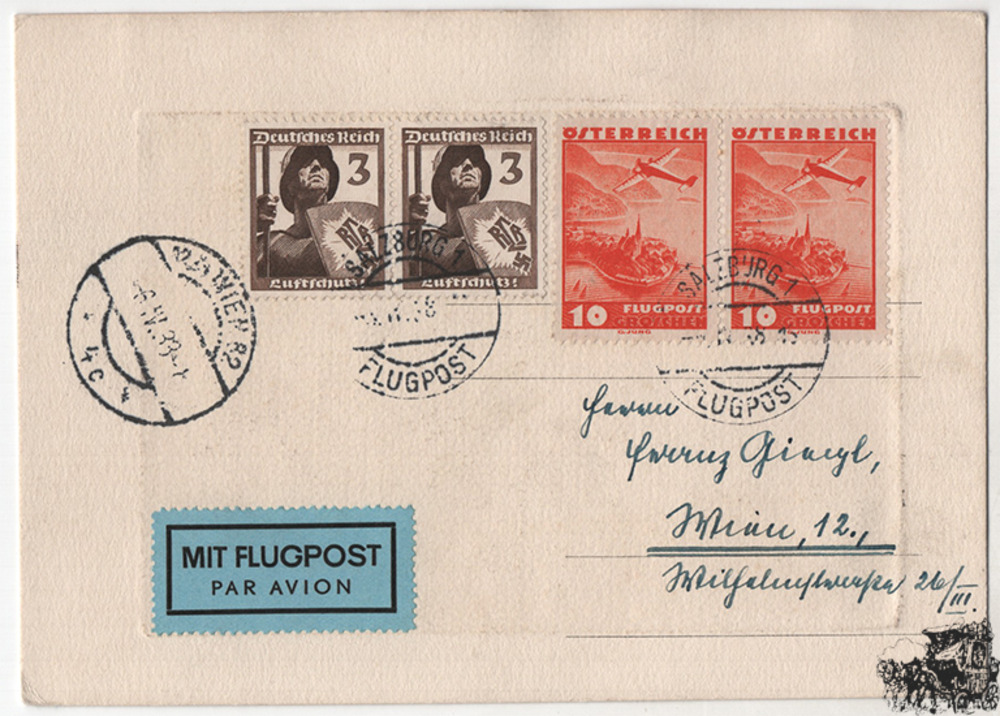 Österreich 3. Reich Ostmark - Nr. 599, 643 Mischfrankatur auf Luftpost-Karte 1938