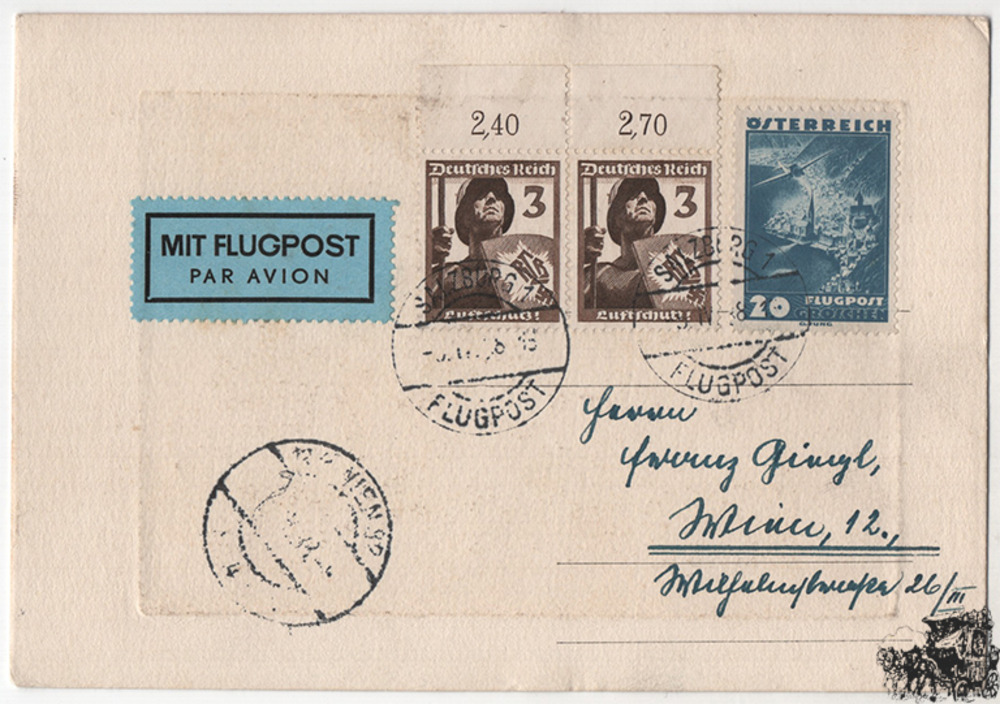 Österreich 3. Reich Ostmark - Nr. 601, 643 Mischfrankatur auf Luftpost-Karte 1938 Österreich 3. Reich Ostmark - Nr. 601, 643 Mischfrankatur auf Luftpost-Karte 1938