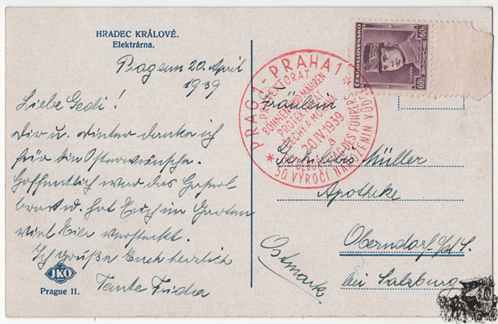 Böhkmen und Mähren - Nr. V / 349 tschechische Frankatur auf Postkarte Königgrätz Böhkmen und Mähren - Nr. V / 349 tschechische Frankatur auf Postkarte Königgrätz